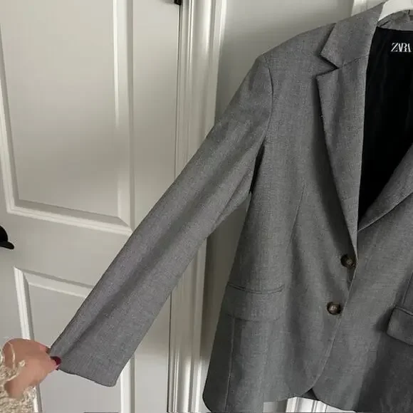 ZARA Gray Tailored Double Button Blazer Women's Small Glen 540 - Picture 3 of 10